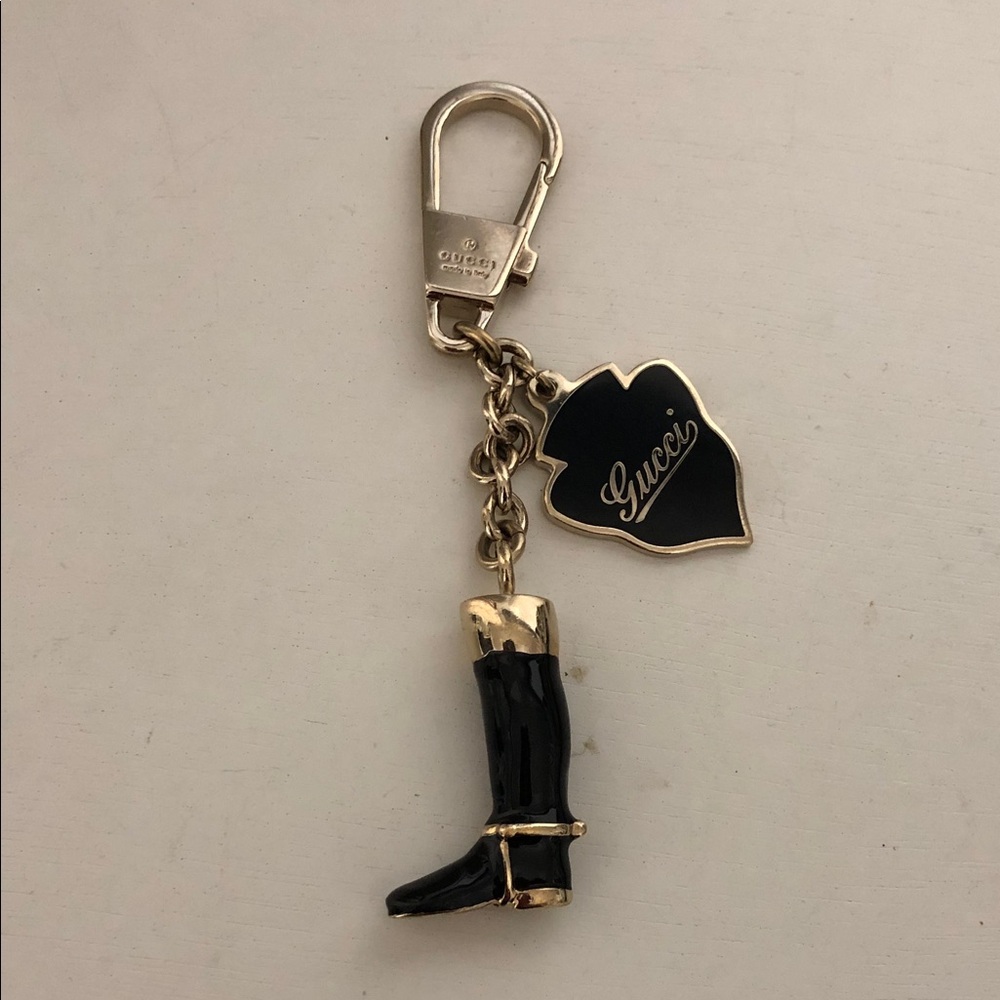 Gucci Black and Gold Enamel Boot & Heart Keychain Charm